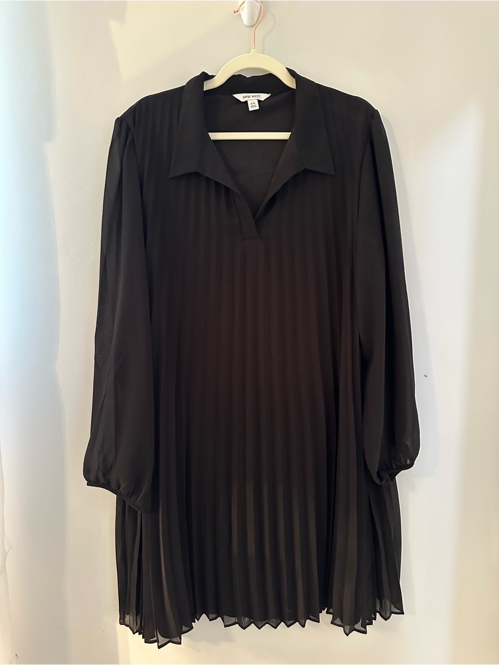 Nine West Black Pleated Shirt Dress Long Sleeve Collared XXL